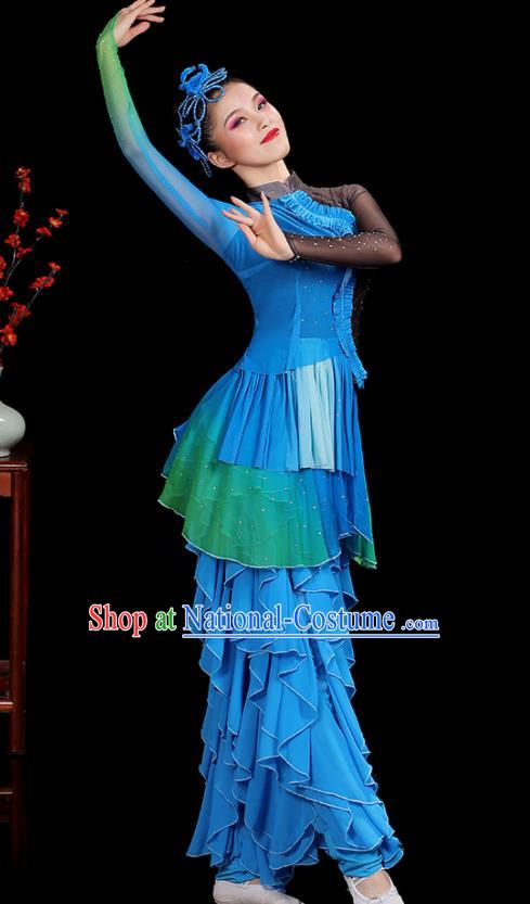 Professional China Women Group Dance Costumes Yangko Dance Garments Umbrella Dance Clothing Folk Dance Blue Outfits