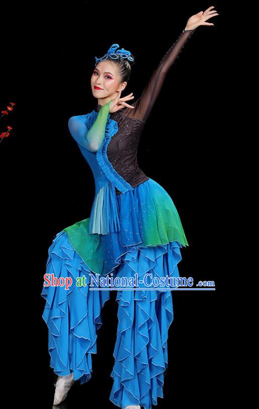 Professional China Women Group Dance Costumes Yangko Dance Garments Umbrella Dance Clothing Folk Dance Blue Outfits