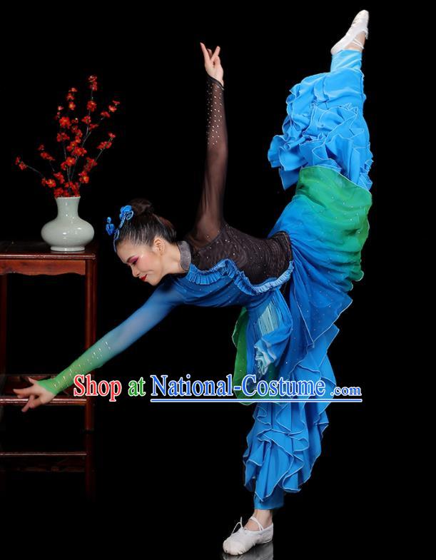 Professional China Women Group Dance Costumes Yangko Dance Garments Umbrella Dance Clothing Folk Dance Blue Outfits