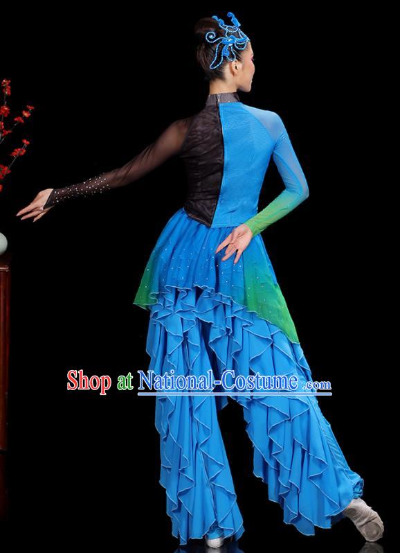 Professional China Women Group Dance Costumes Yangko Dance Garments Umbrella Dance Clothing Folk Dance Blue Outfits