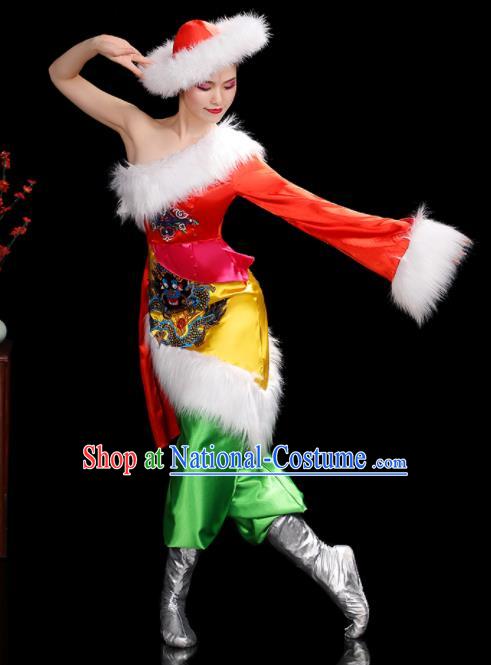 Chinese Zang Nationality Stage Performance One Shoulder Outfits Tibetan Minority Woman Dance Clothing Ethnic Folk Dance Costumes