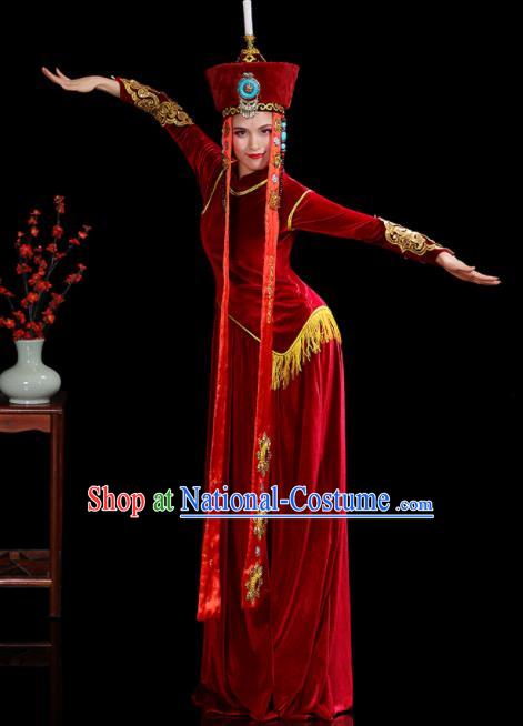 Chinese Ethnic Folk Dance Costumes Mongolian Nationality Stage Performance Red Velvet Dress Outfits Mongol Minority Woman Dance Clothing