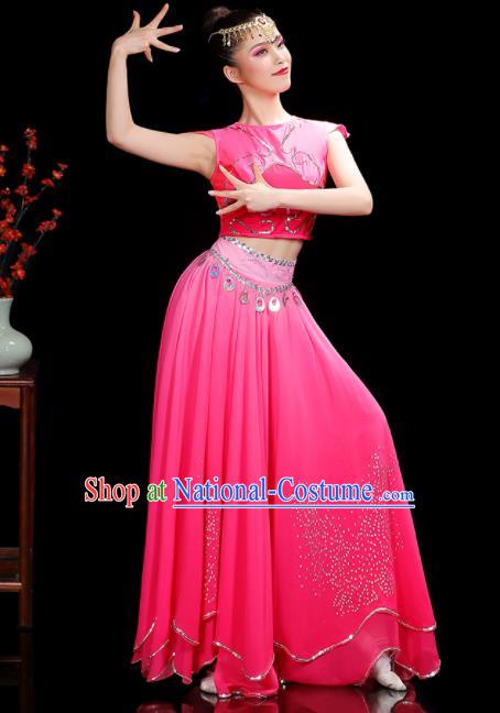 Chinese Uyghur Minority Dance Clothing Xinjiang Ethnic Female Dance Costumes Uighur Nationality Stage Performance Pink Dress Outfits