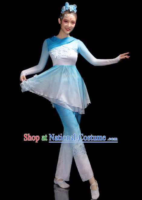 Chinese Folk Dance Costumes Traditional Yangko Dance Apparels Women Group Performance Clothing Fan Dance Blue Dress Outfits