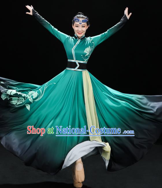 Chinese Mongol Nationality Dance Green Dress Outfits Mongolian Minority Folk Dance Clothing Ethnic Festival Performance Costumes