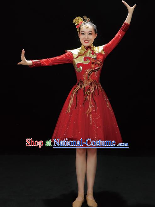 Professional China Stage Performance Costume Women Drum Dance Garments Modern Dance Clothing Spring Festival Gala Opening Dance Red Dress