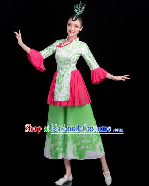 Chinese Traditional Yangko Dance Apparels Women Group Performance Clothing Fan Dance Printing Green Outfits Folk Dance Costumes