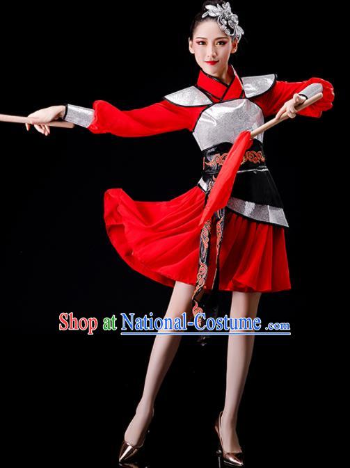 Chinese Traditional Drum Dance Apparels Women Group Performance Clothing Yangko Dance Red Dress Outfits Folk Dance Costumes