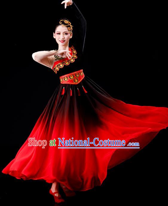 Chinese Xinjiang Ethnic Festival Performance Costumes Uyghur Nationality Dance Red Dress Outfits Uighur Minority Folk Dance Clothing