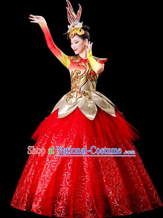 Professional China Stage Performance Costume Women Group Dance Garments Modern Dance Clothing Spring Festival Gala Opening Dance Red Dress