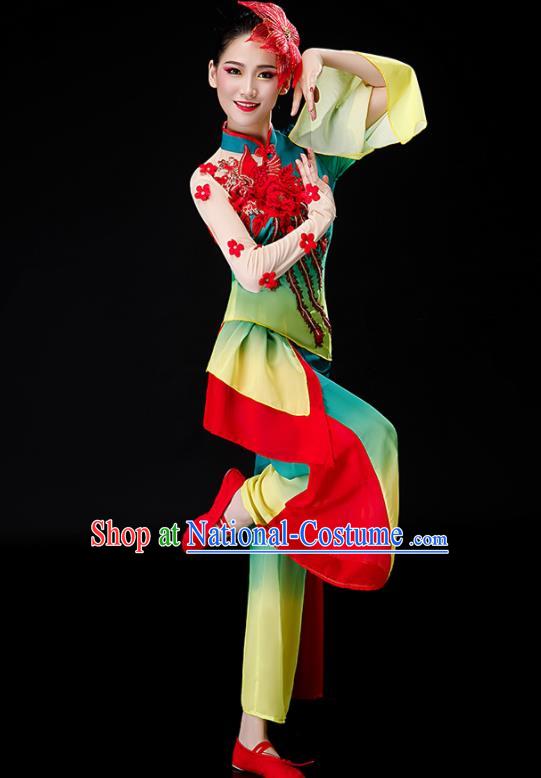 Chinese Yangko Dance Green Outfits Folk Dance Costumes Traditional Umbrella Dance Apparels Women Group Performance Clothing