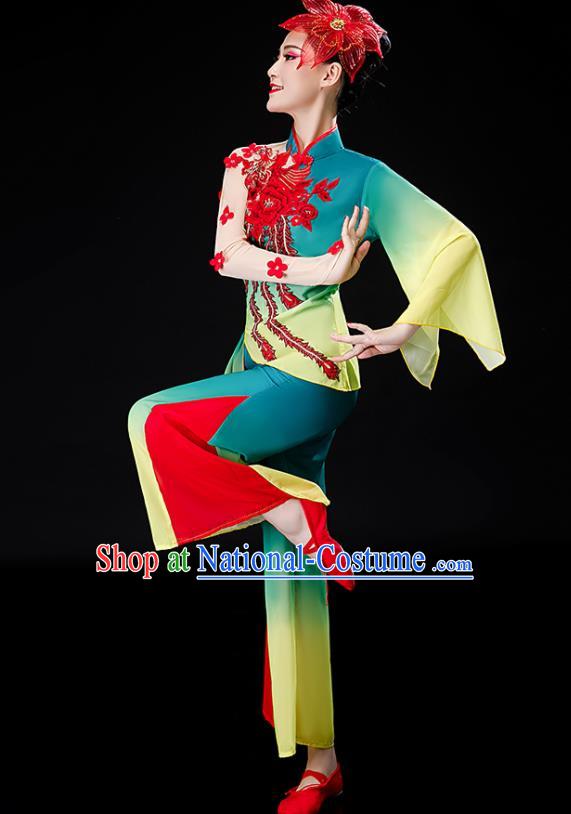 Chinese Yangko Dance Green Outfits Folk Dance Costumes Traditional Umbrella Dance Apparels Women Group Performance Clothing