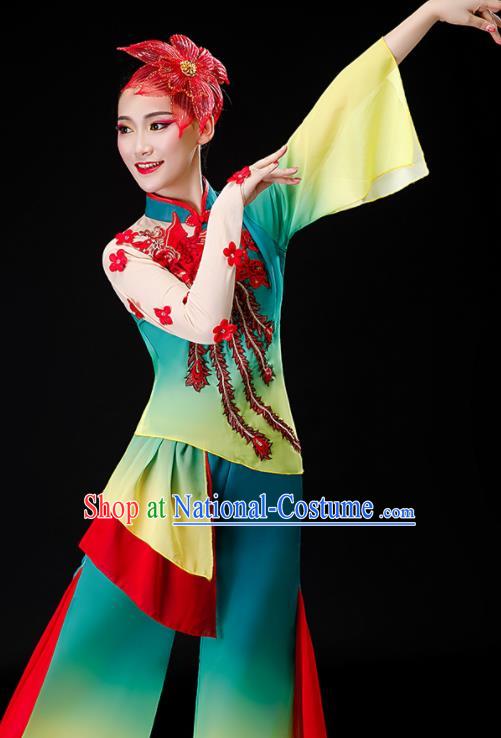 Chinese Yangko Dance Green Outfits Folk Dance Costumes Traditional Umbrella Dance Apparels Women Group Performance Clothing