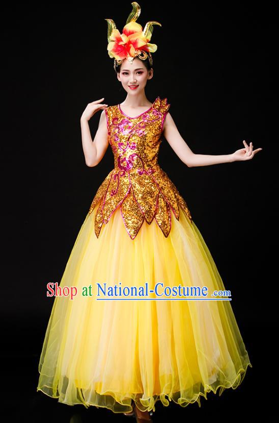 Professional China Modern Dance Clothing Spring Festival Gala Opening Dance Yellow Dress Stage Performance Costume Women Chorus Group Garments