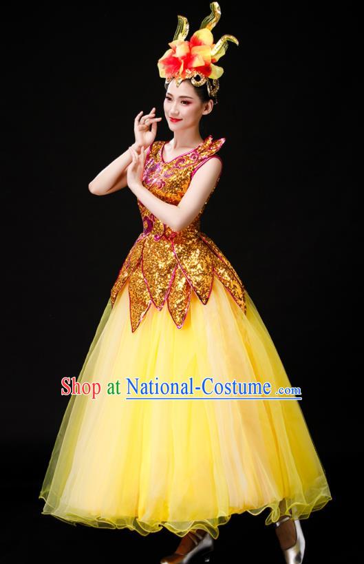 Professional China Modern Dance Clothing Spring Festival Gala Opening Dance Yellow Dress Stage Performance Costume Women Chorus Group Garments