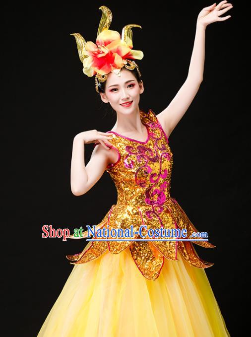 Professional China Modern Dance Clothing Spring Festival Gala Opening Dance Yellow Dress Stage Performance Costume Women Chorus Group Garments