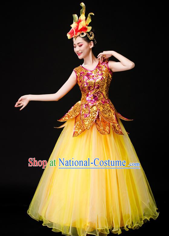 Professional China Modern Dance Clothing Spring Festival Gala Opening Dance Yellow Dress Stage Performance Costume Women Chorus Group Garments