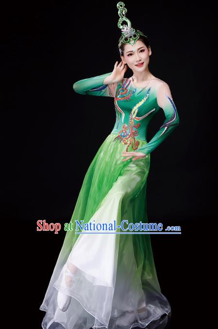 China Woman Group Dancewear Classical Dance Clothing Umbrella Dance Garment Costumes Fan Dance Green Dress