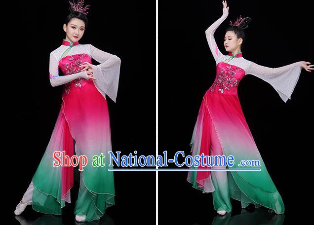 China Classical Dance Clothing Umbrella Dance Garment Costumes Fan Performance Rosy Outfits Woman Group Dancewear