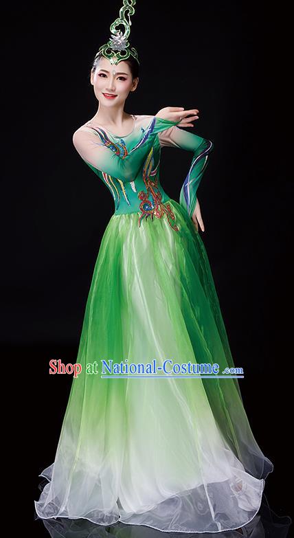 China Woman Group Dancewear Classical Dance Clothing Umbrella Dance Garment Costumes Fan Dance Green Dress