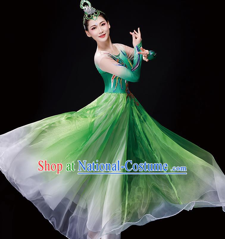 China Woman Group Dancewear Classical Dance Clothing Umbrella Dance Garment Costumes Fan Dance Green Dress