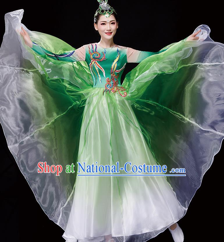 China Woman Group Dancewear Classical Dance Clothing Umbrella Dance Garment Costumes Fan Dance Green Dress