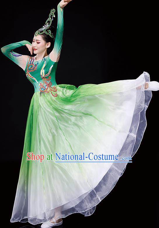 China Woman Group Dancewear Classical Dance Clothing Umbrella Dance Garment Costumes Fan Dance Green Dress