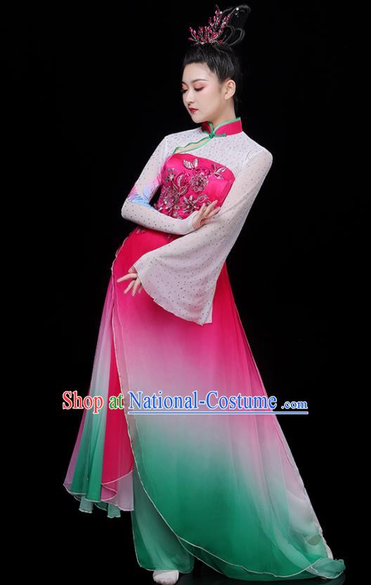 China Classical Dance Clothing Umbrella Dance Garment Costumes Fan Performance Rosy Outfits Woman Group Dancewear