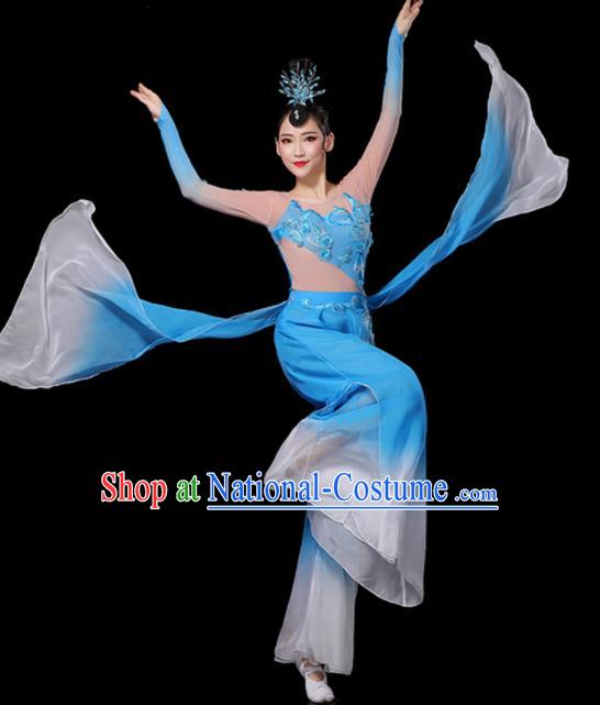 Chinese New Year Drum Dance Costumes Yangko Performance Apparels Folk Dance Clothing Traditional Fan Dance Blue Outfits