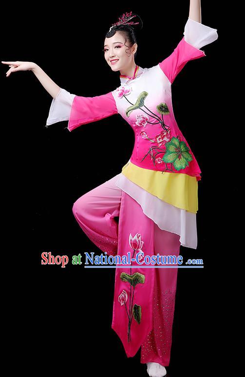 Chinese Folk Dance Costumes Traditional Lotus Dance Apparels Women Group Performance Clothing Yangko Dance Rosy Outfits