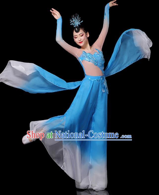 Chinese New Year Drum Dance Costumes Yangko Performance Apparels Folk Dance Clothing Traditional Fan Dance Blue Outfits