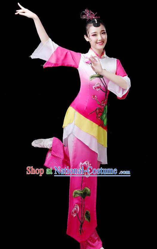 Chinese Folk Dance Costumes Traditional Lotus Dance Apparels Women Group Performance Clothing Yangko Dance Rosy Outfits