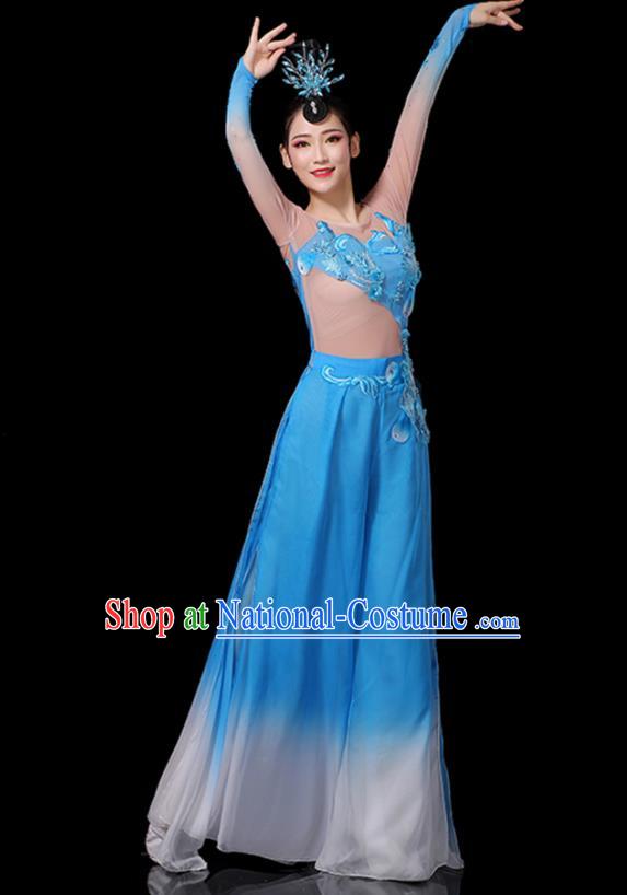 Chinese New Year Drum Dance Costumes Yangko Performance Apparels Folk Dance Clothing Traditional Fan Dance Blue Outfits