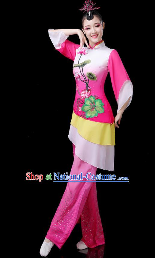 Chinese Folk Dance Costumes Traditional Lotus Dance Apparels Women Group Performance Clothing Yangko Dance Rosy Outfits