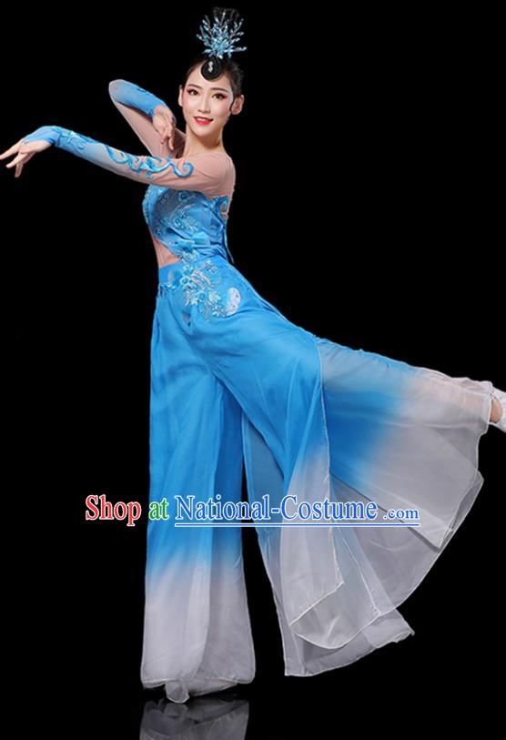 Chinese New Year Drum Dance Costumes Yangko Performance Apparels Folk Dance Clothing Traditional Fan Dance Blue Outfits