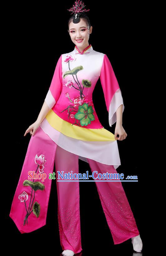 Chinese Folk Dance Costumes Traditional Lotus Dance Apparels Women Group Performance Clothing Yangko Dance Rosy Outfits