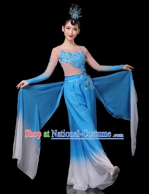 Chinese New Year Drum Dance Costumes Yangko Performance Apparels Folk Dance Clothing Traditional Fan Dance Blue Outfits