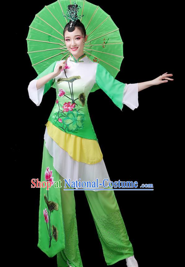 Chinese Yangko Dance Green Outfits Folk Dance Costumes Traditional Lotus Dance Apparels Women Group Performance Clothing