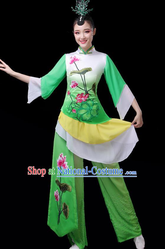 Chinese Yangko Dance Green Outfits Folk Dance Costumes Traditional Lotus Dance Apparels Women Group Performance Clothing