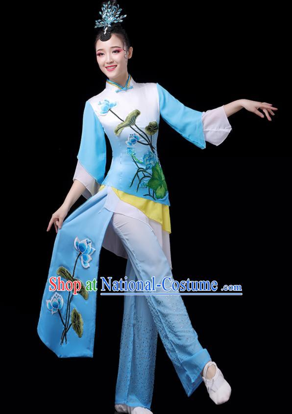 Chinese Women Group Performance Clothing Yangko Dance Blue Outfits Folk Dance Costumes Traditional Lotus Dance Apparels