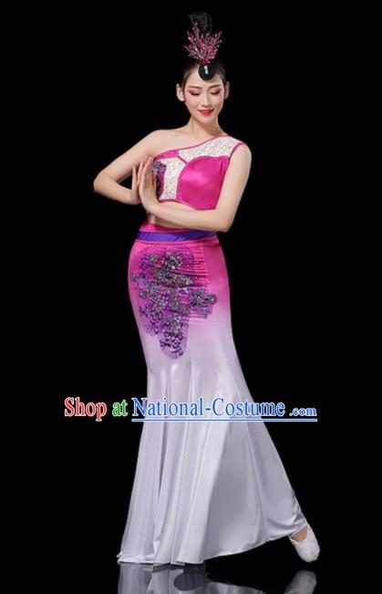 Chinese Tai Nationality Stage Performance Rosy Dress Outfits Dai Minority Peacock Dance Clothing Yunnan Ethnic Female Dance Costumes