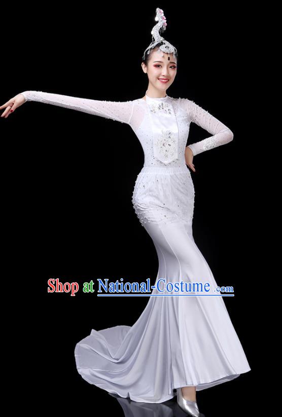 Chinese Dai Minority Folk Dance Clothing Yunnan Ethnic Festival Performance Costumes Tai Nationality Peacock Dance White Dress Outfits