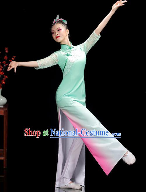 China Jasmine Flower Dance Outfits Woman Performance Clothing Classical Dance Garment Costumes Umbrella Dance Green Qipao Dress