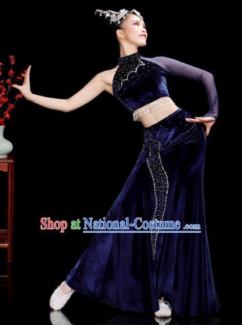 Chinese Dai Nationality Stage Performance Navy Velvet Dress Outfits Tai Minority Peacock Dance Clothing Yunnan Ethnic Female Dance Costumes