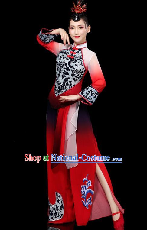 Chinese Yangko Performance Apparels Folk Dance Clothing Traditional Fan Dance Red Outfits Female Group Dance Costumes