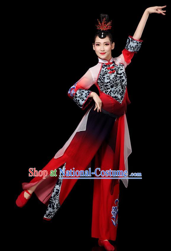 Chinese Yangko Performance Apparels Folk Dance Clothing Traditional Fan Dance Red Outfits Female Group Dance Costumes