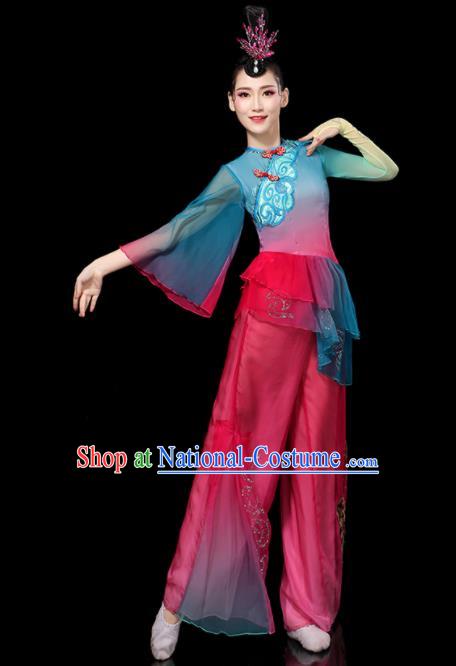 Chinese Female Group Dance Costumes Yangko Performance Apparels Folk Dance Clothing Traditional Fan Dance Rosy Outfits