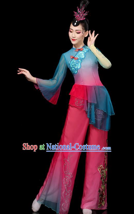 Chinese Female Group Dance Costumes Yangko Performance Apparels Folk Dance Clothing Traditional Fan Dance Rosy Outfits