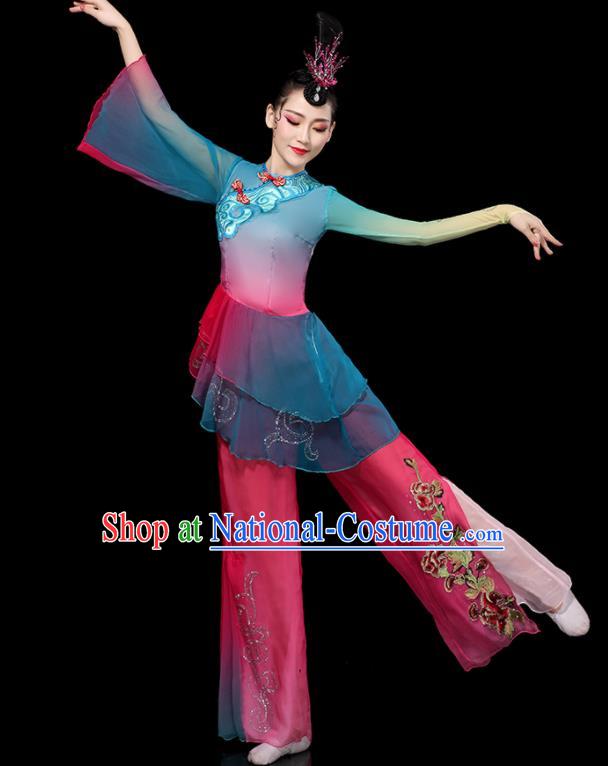 Chinese Female Group Dance Costumes Yangko Performance Apparels Folk Dance Clothing Traditional Fan Dance Rosy Outfits