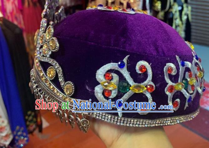 China Uighur Nationality Folk Dance Headwear Uyghur Minority Dance Headdress Xinjiang Ethnic Performance Purple Hat